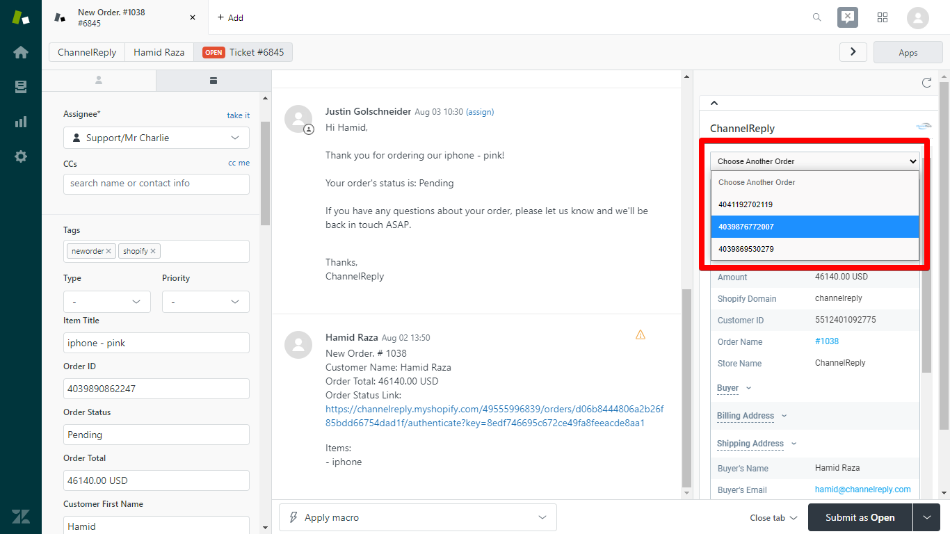 Choose Another Order in ChannelReply (Shopify Ticket in Zendesk)