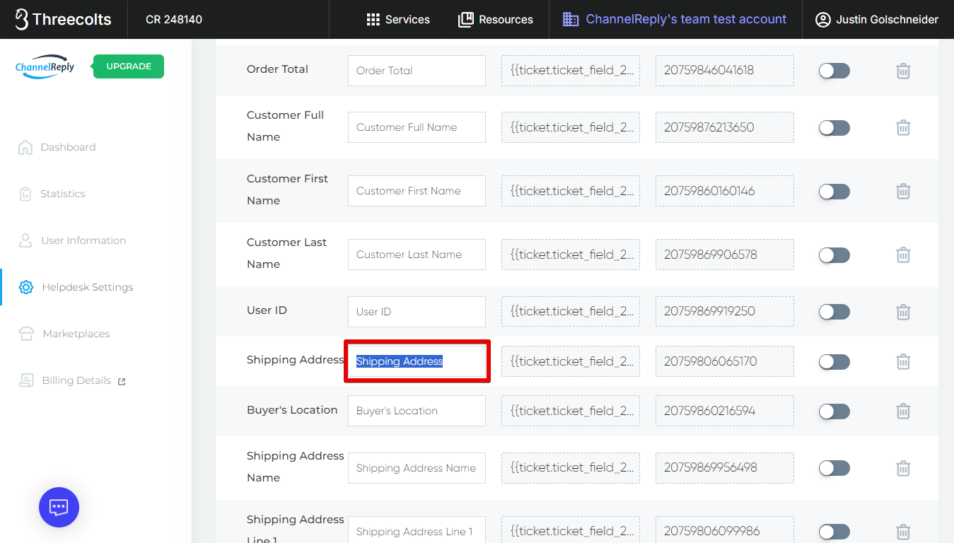 Field Name field for Shipping Address in ChannelReply