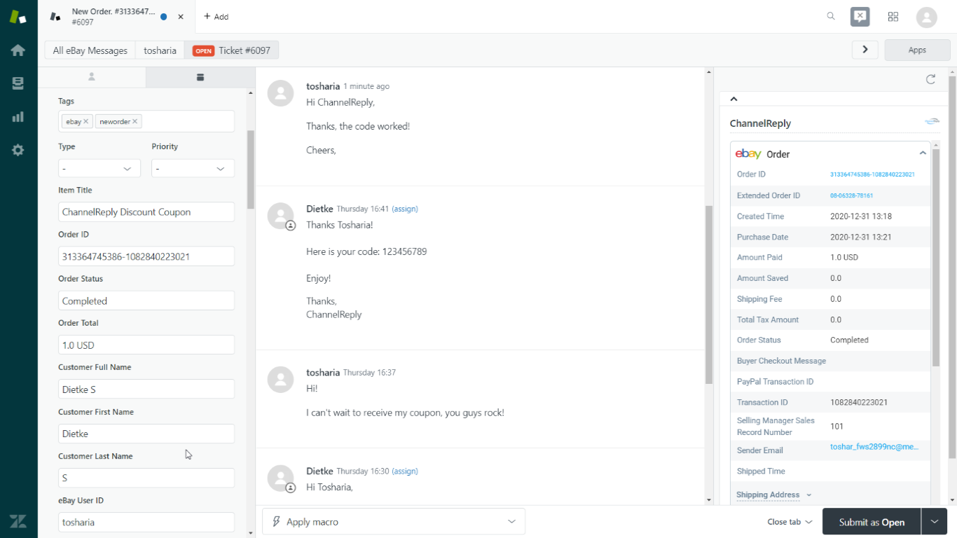 Back-and-Forth Conversation in a Zendesk Ticket