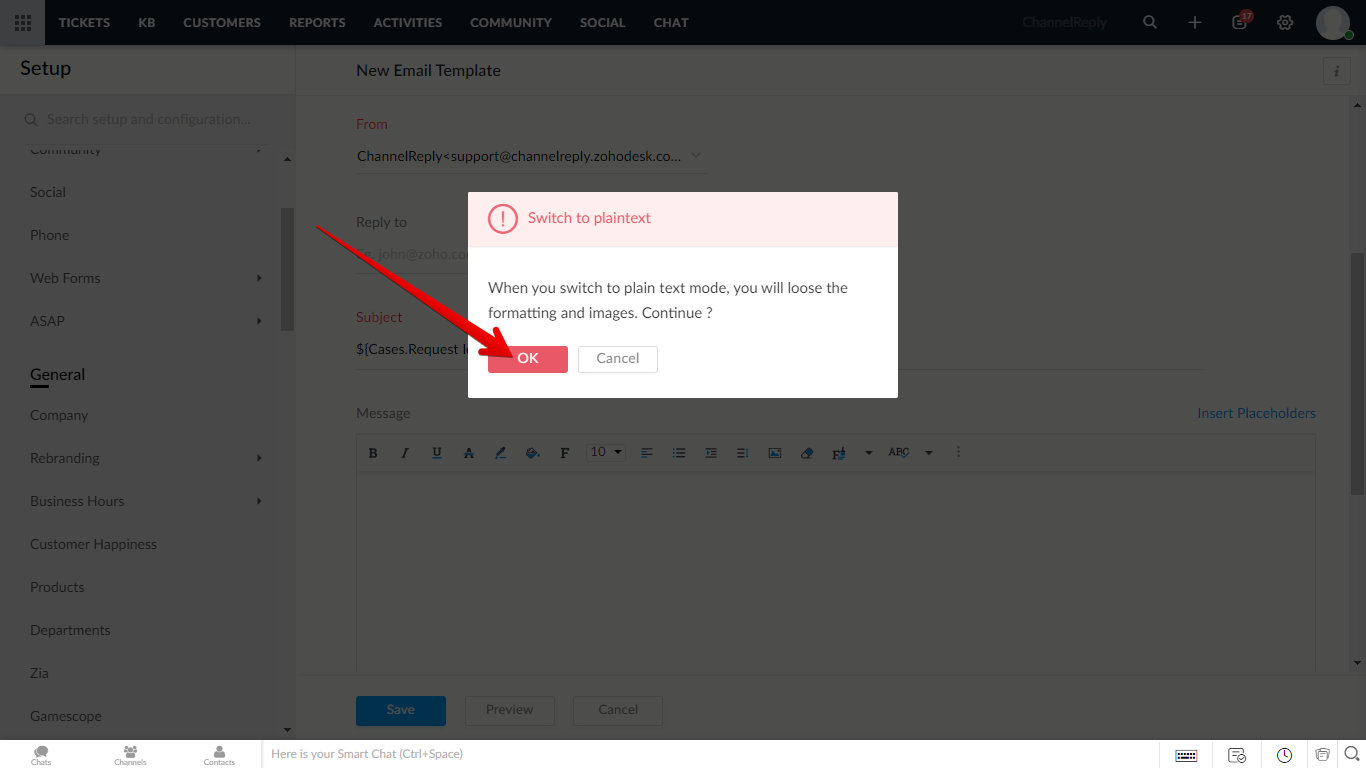 OK button on switch to plain text confirmation popover