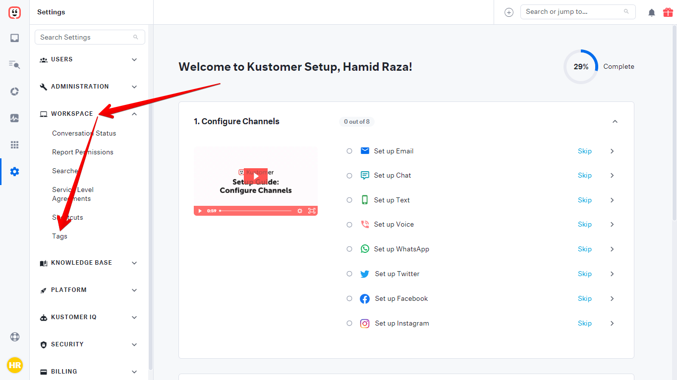 Workspace and Tags buttons in Kustomer settings