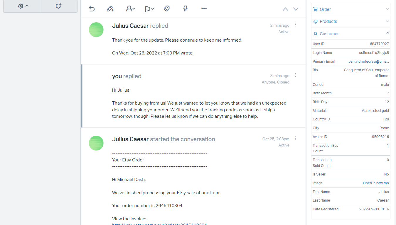 A two-way conversation with an Etsy customer in Help Scout