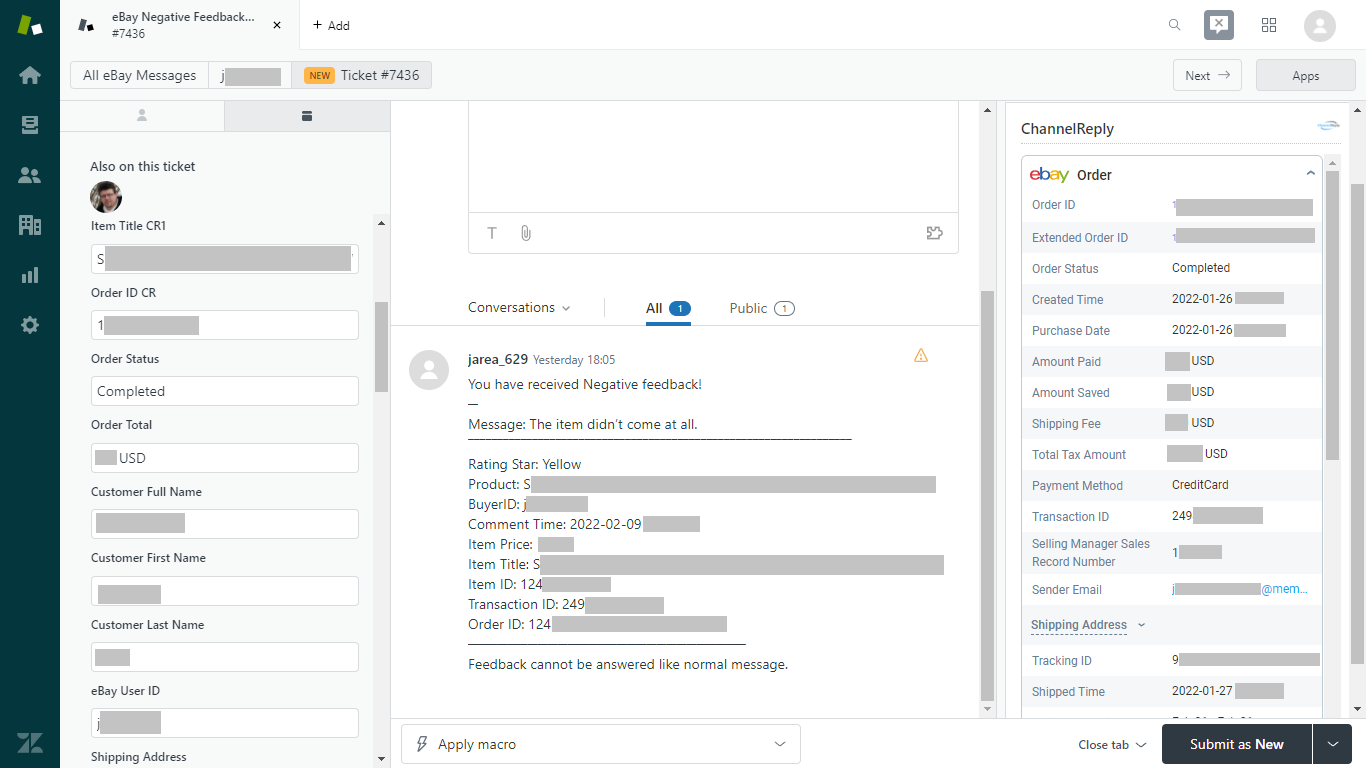 eBay Negative Feedback Notification in Zendesk