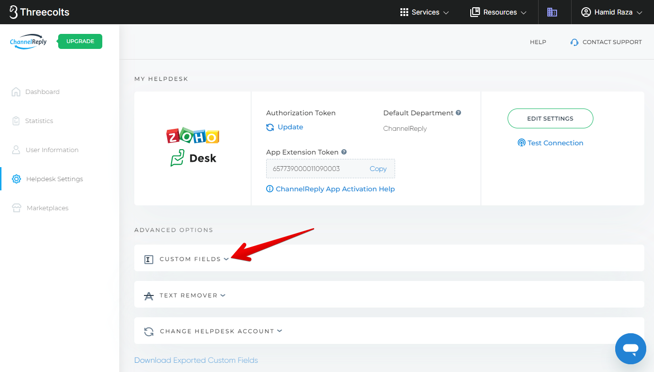 Custom Fields dropdown menu in Helpdesk Settings