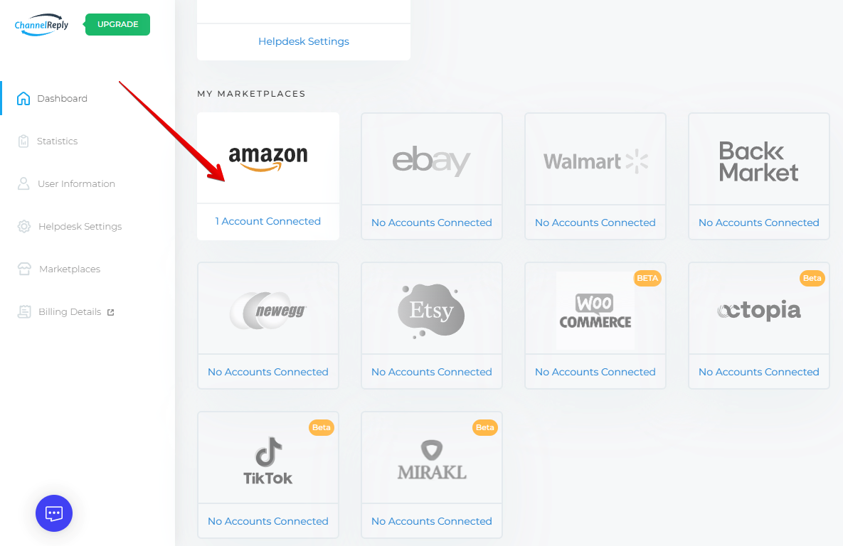 Amazon tile with one connected account on the ChannelReply dashboard