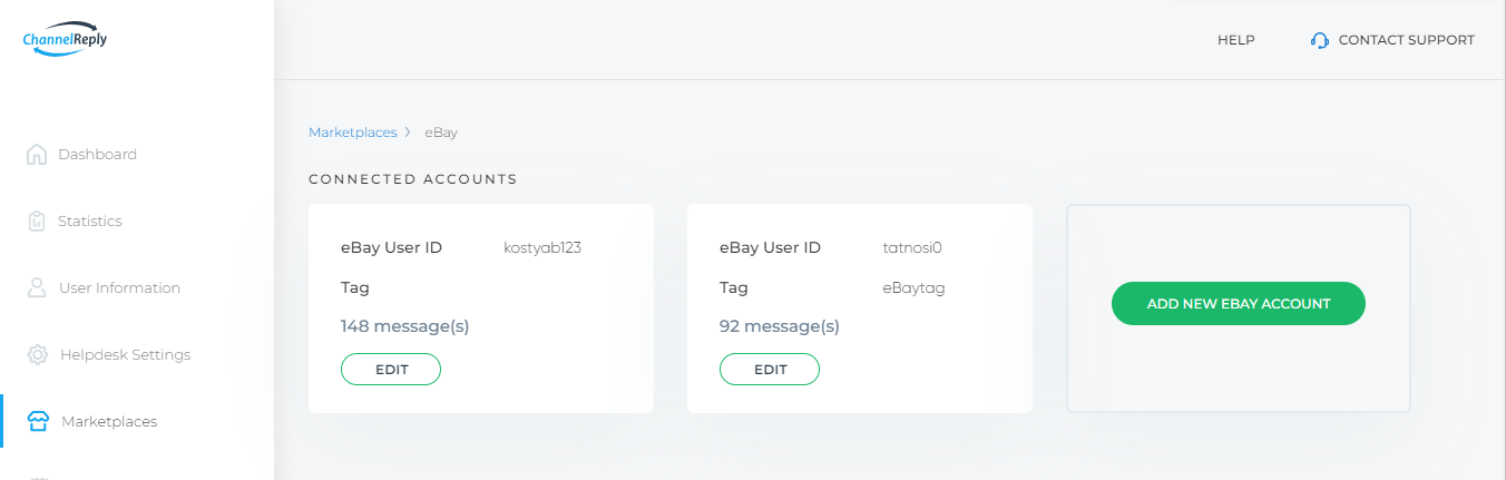 eBay Management Interface in Marketplaces Tab