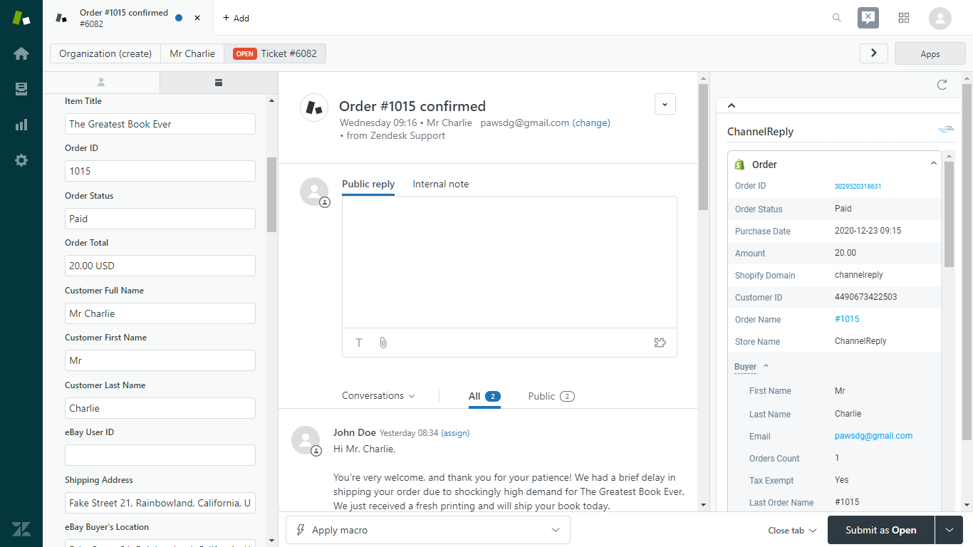 Top of the ChannelReply Zendesk App on a Shopify Ticket