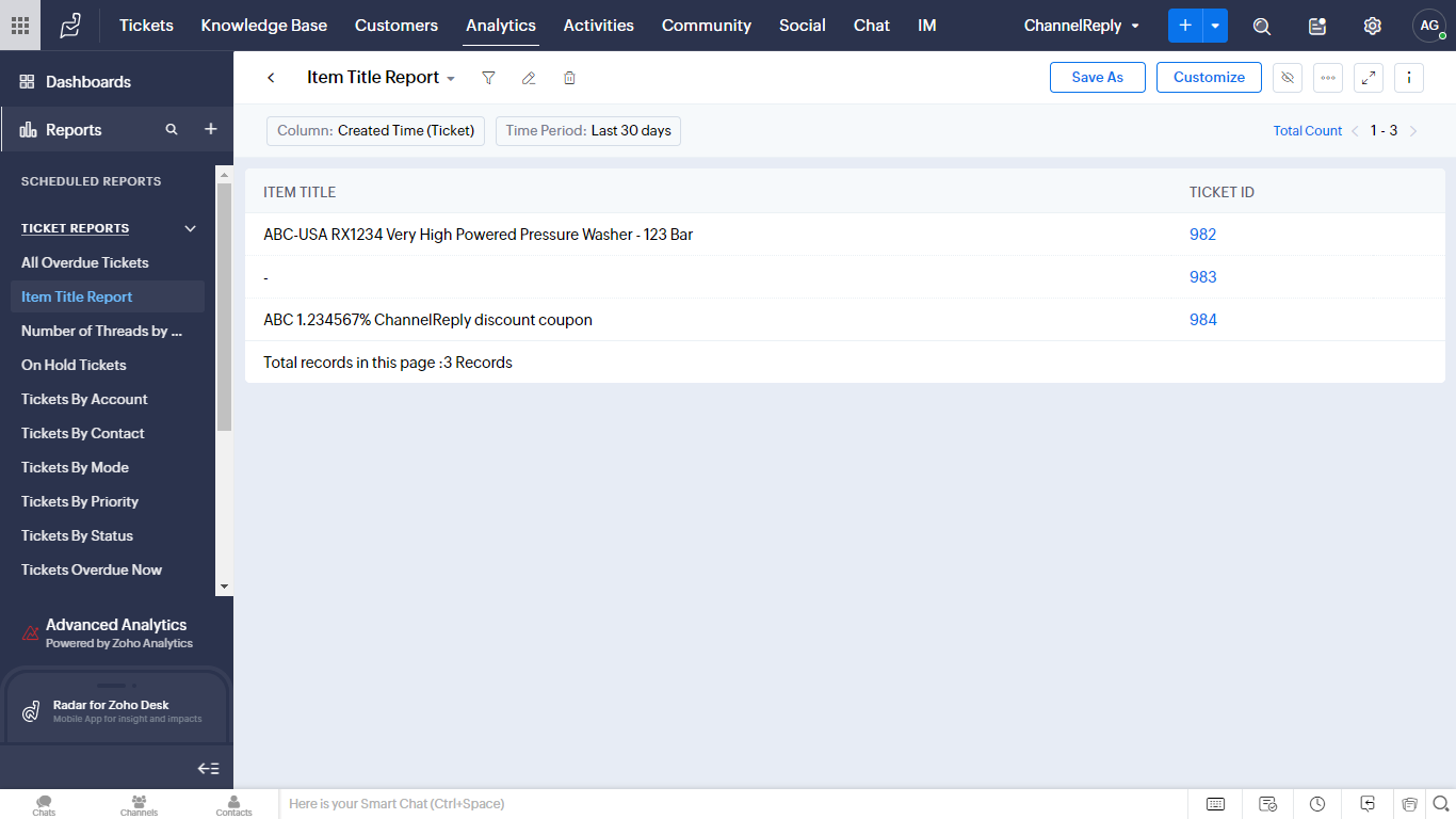 Zoho Desk report filtered by ChannelReply's Item Title custom field