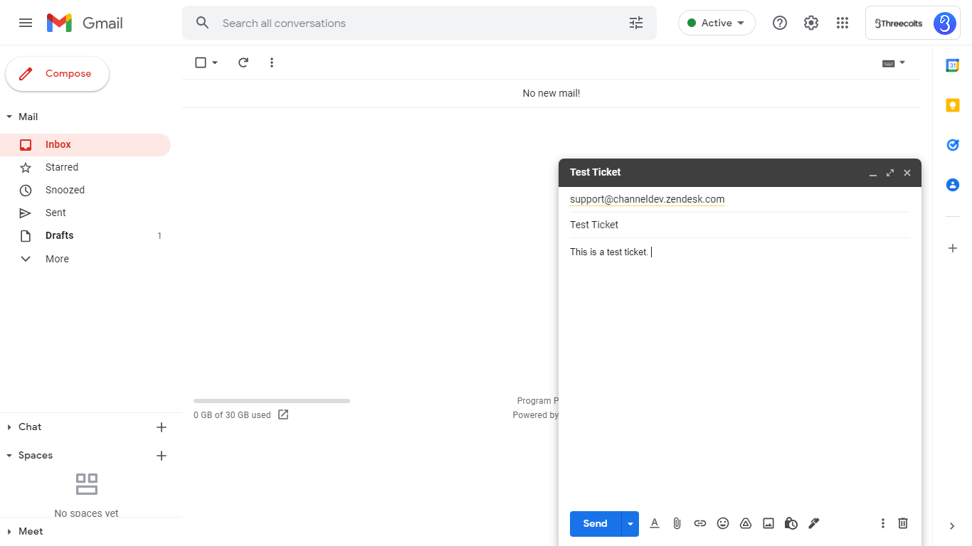 Typing a test email in Gmail