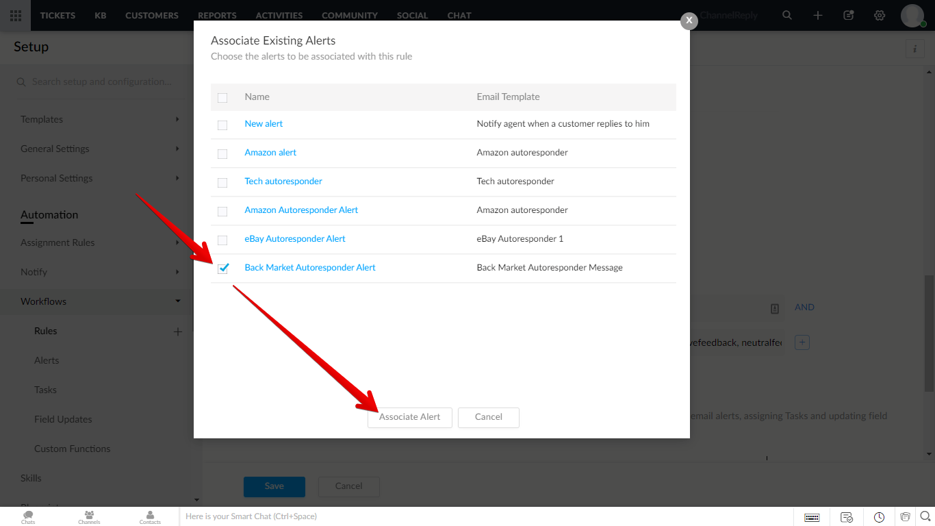 Checking the box for the template created earlier and clicking Associate Alert