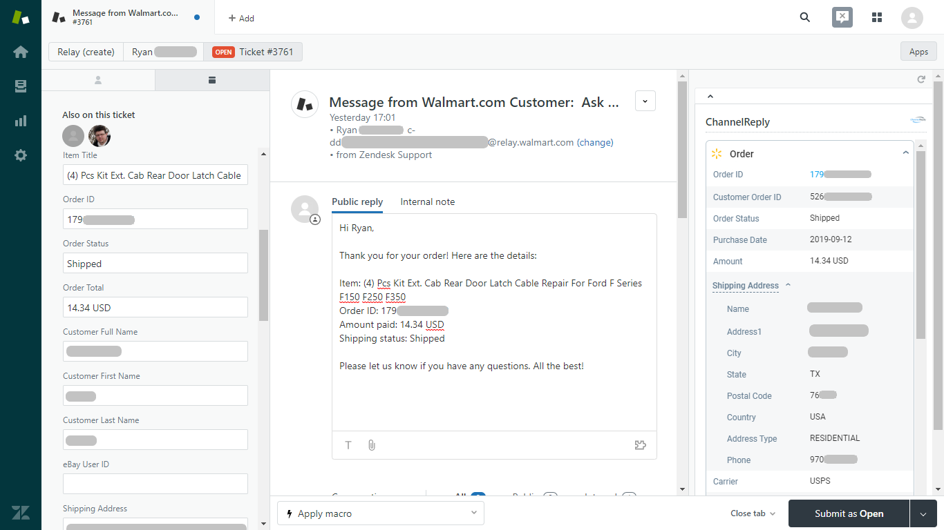 Replying to a Walmart Message with a Zendesk Macro