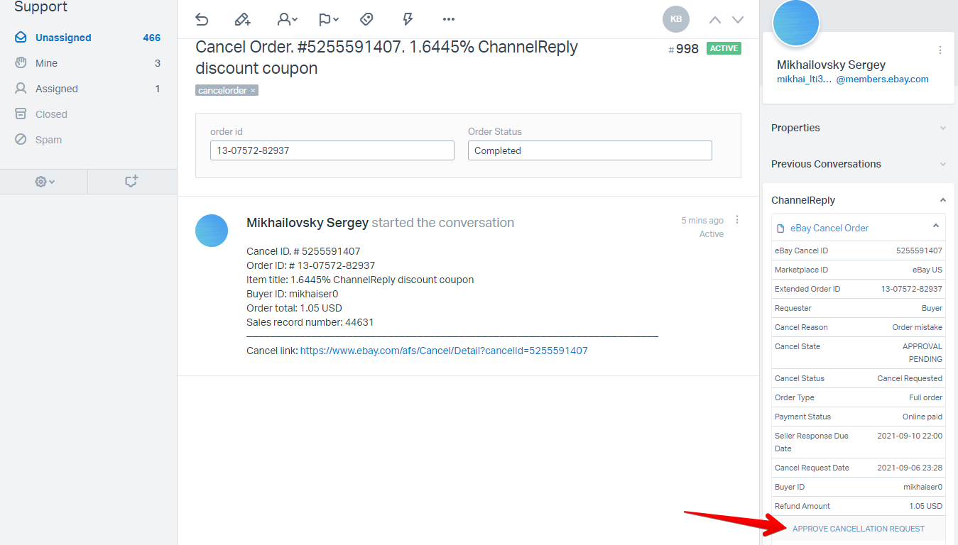 Approving an eBay Cancellation in Help Scout