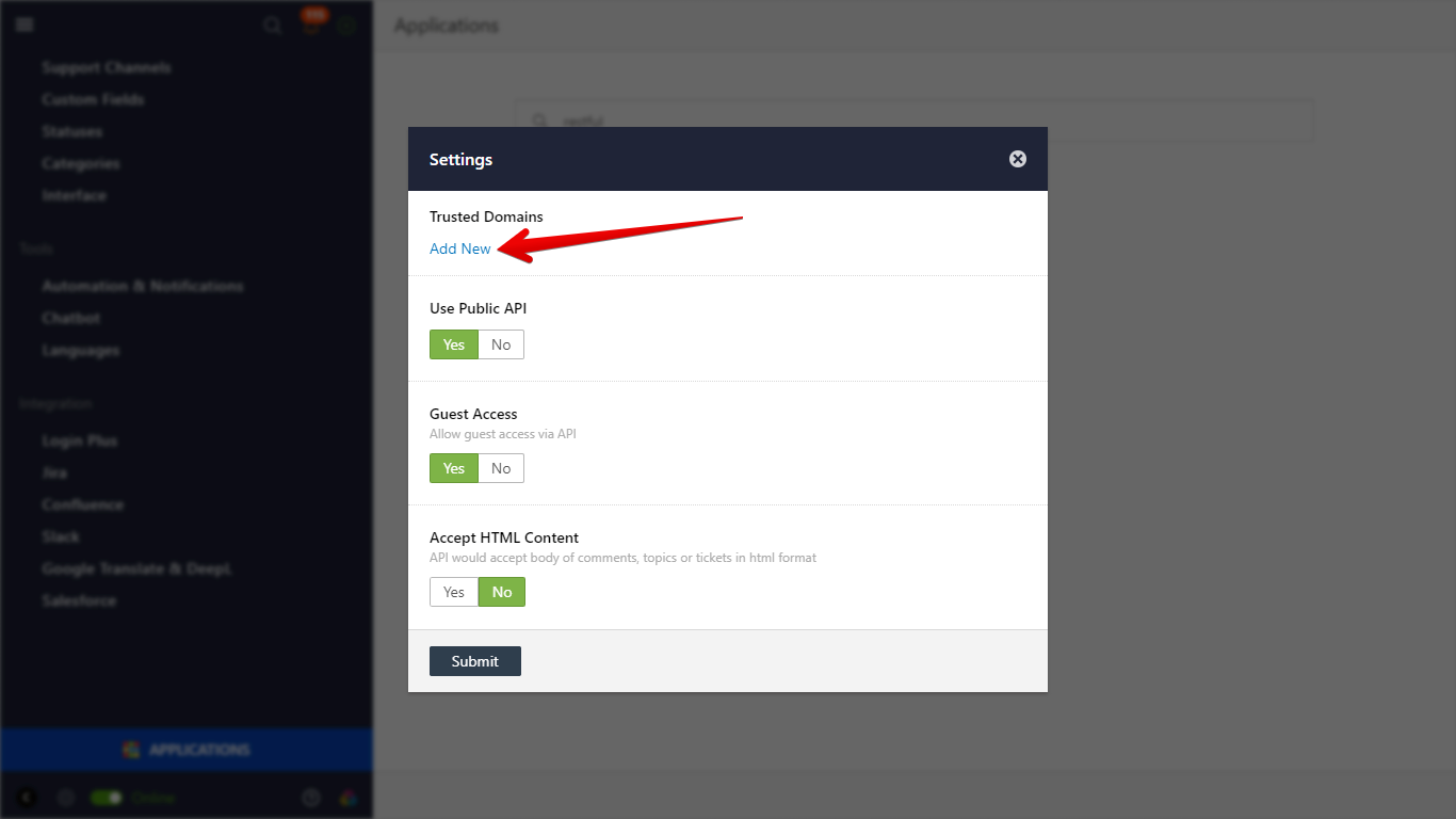 Add New clickable text under Trusted Domains