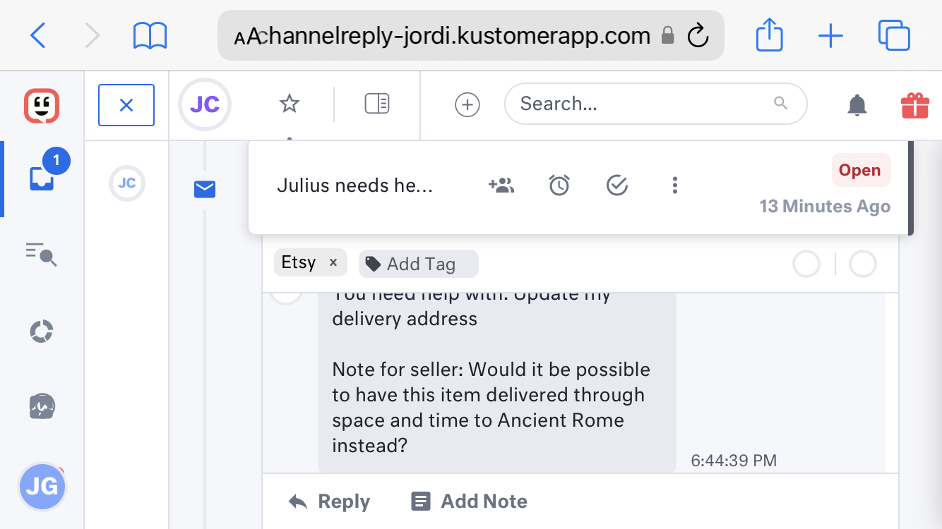 An Etsy message in Kustomer on a smartphone screen