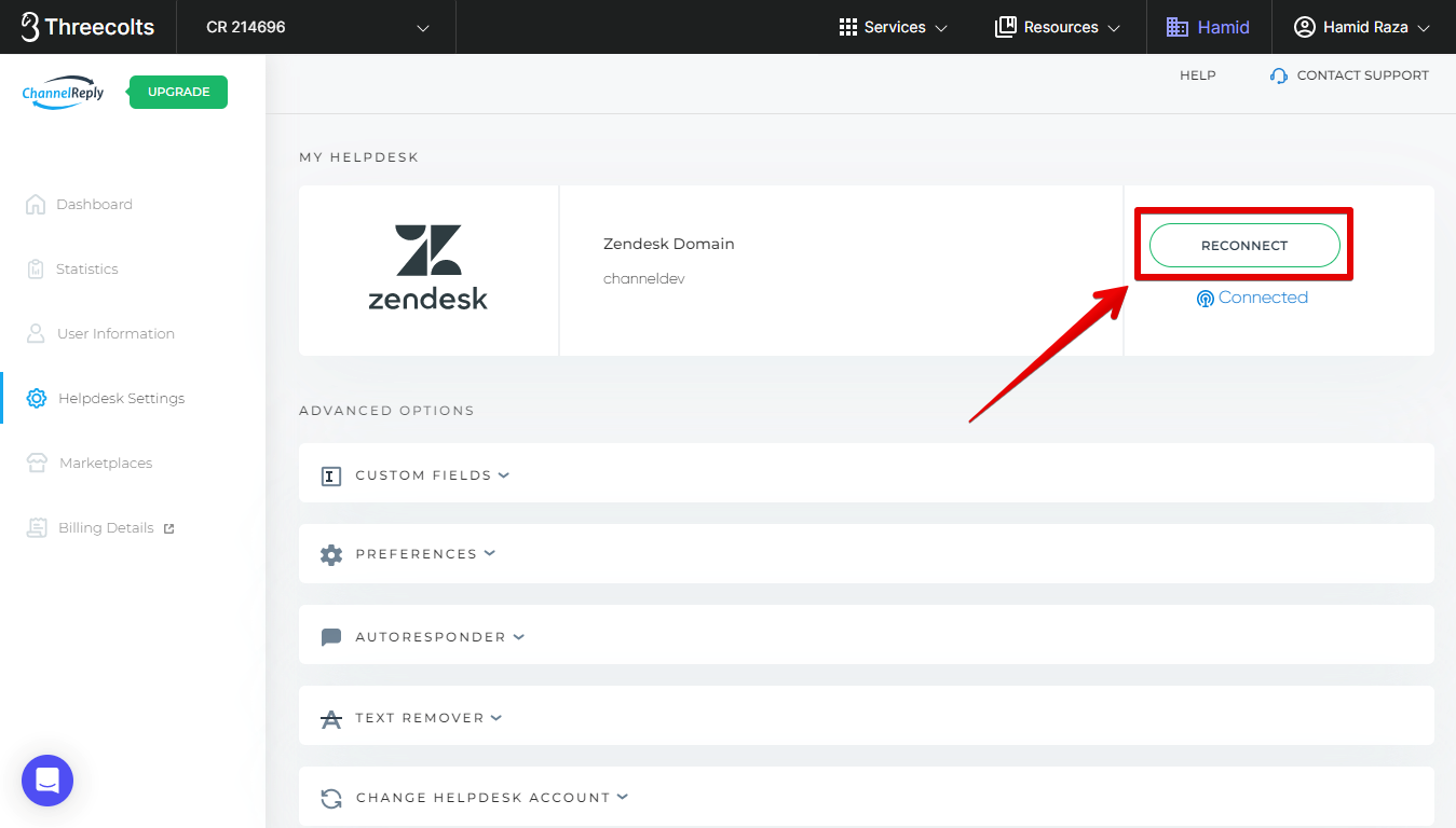 Pointer towards the Reconnect button in Helpdesk Settings