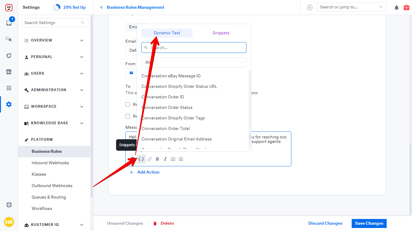 Snippets & Dynamics Text button clicked and Dynamic Text button highlighted