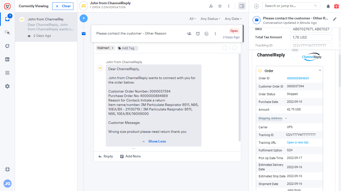 Walmart message in Kustomer with ChannelReply app on the right