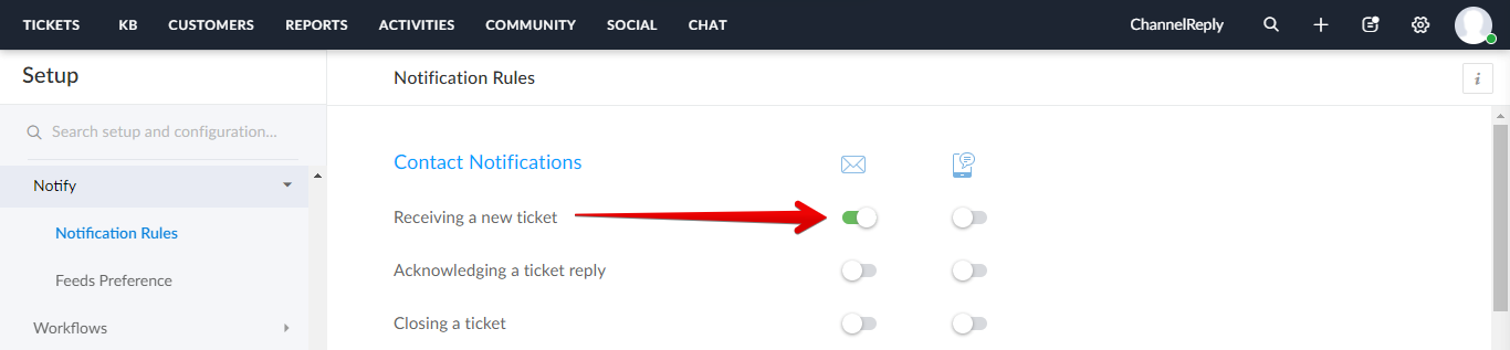 Receiving a New Ticket enabled with the slider turned green