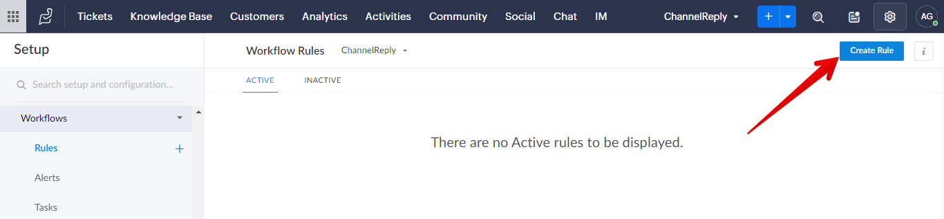 Create Rule button in Zoho Desk Workflows