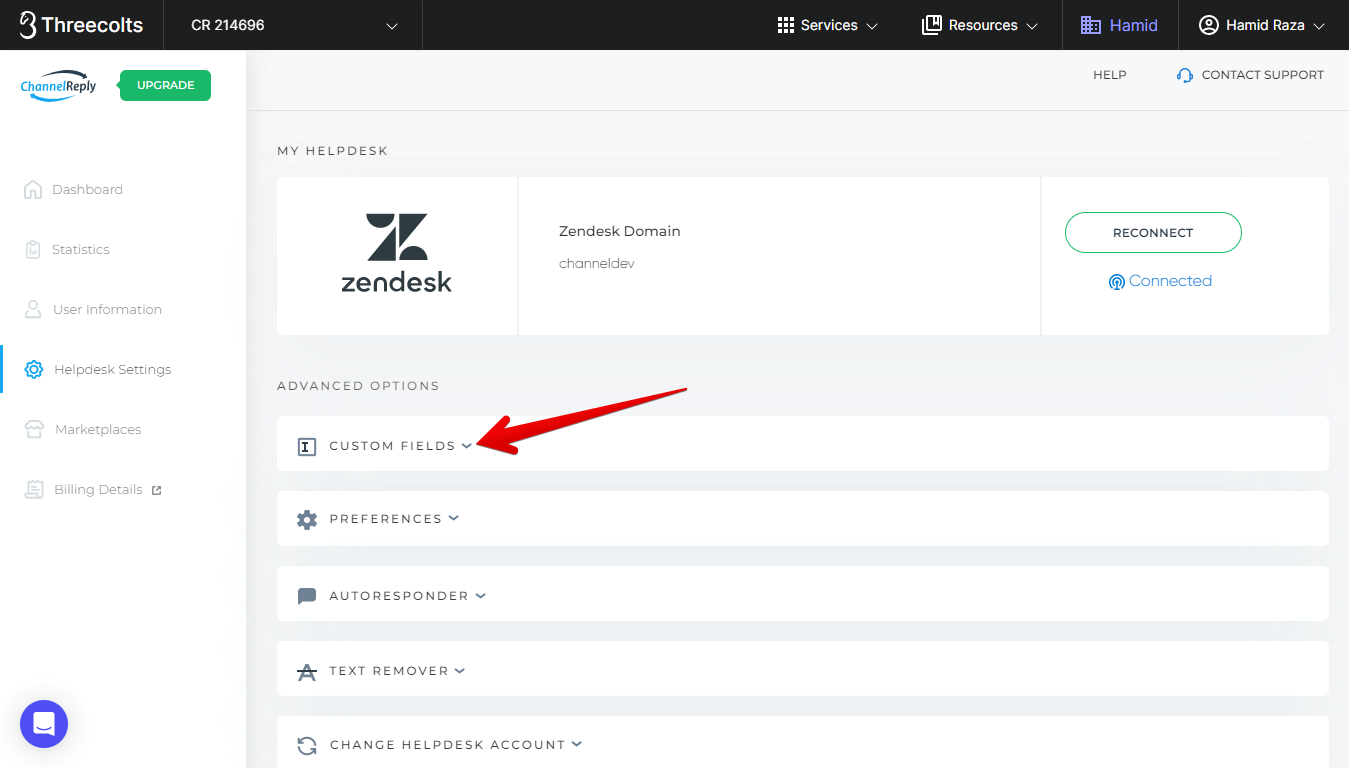 ChannelReply Custom Fields Menu Location for Zendesk