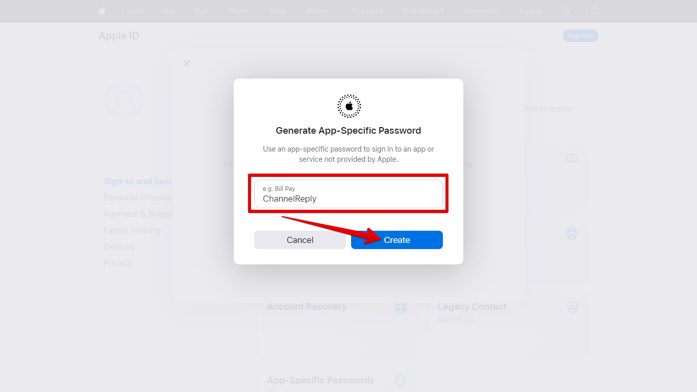ChannelReply Entered as the App Name and Create Button