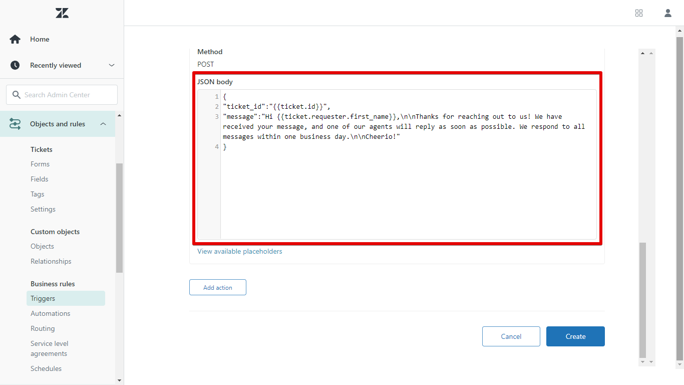 Sample message in the JSON body field