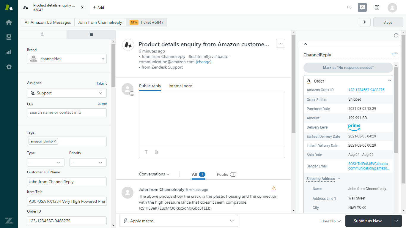Top Third of the ChannelReply Zendesk App on an Amazon Ticket