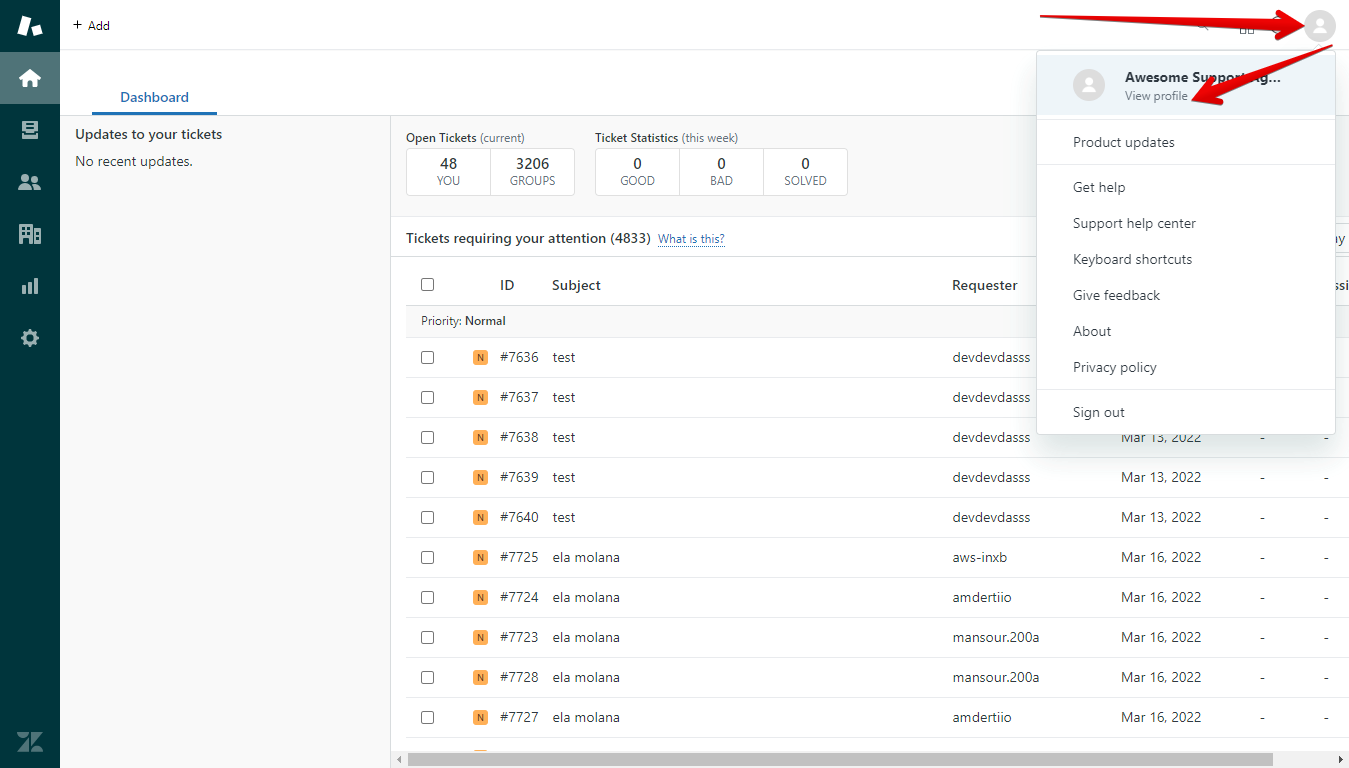 Zendesk home screen with an arrow pointing to the profile icon, and the next to the "View profile" button