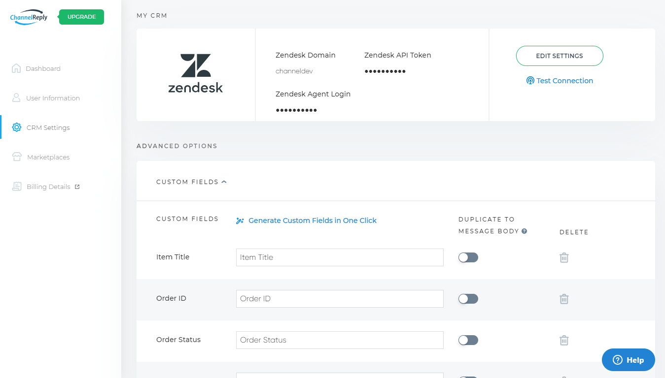Zendesk Custom Fields Settings in ChannelReply