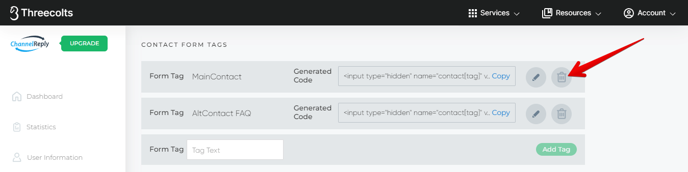 Deleting a Shopify form tag's code by clicking the trash icon