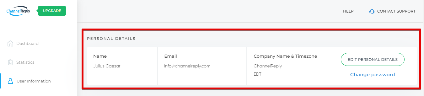 Personal Details Section of the User Information Tab
