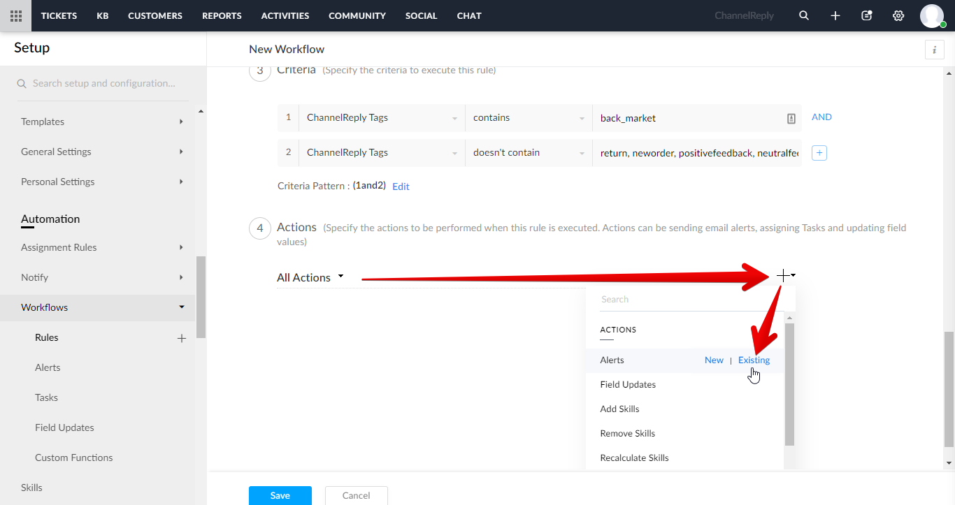 Plus sign next to All Actions, Alerts moused over in the Actions dropdown, and Existing appearing on the right