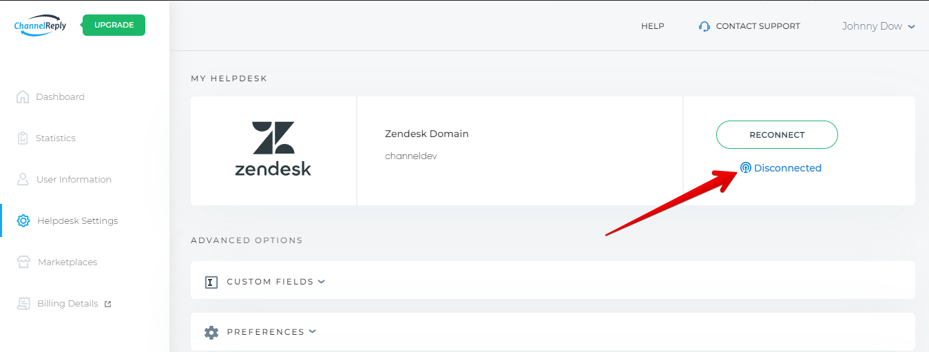 Disconnected status in Helpdesk Settings 