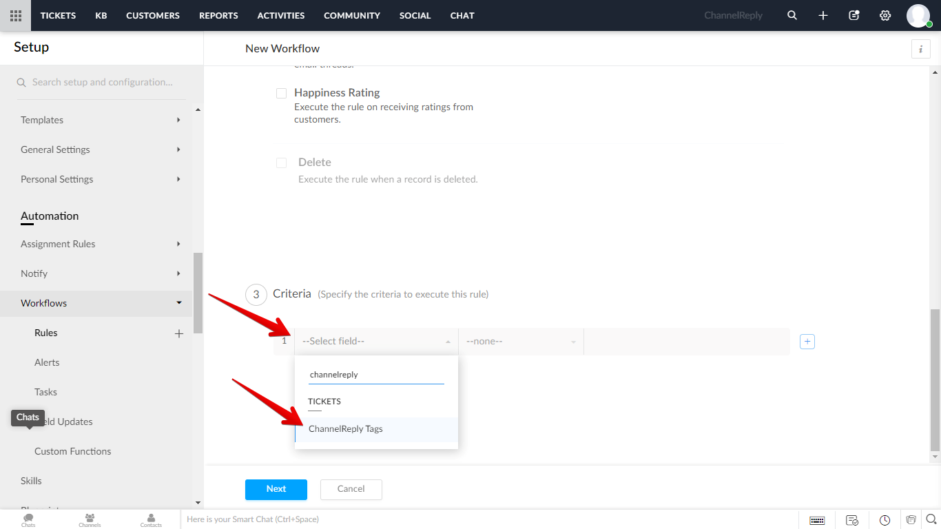 Choosing ChannelReply Tags in workflow criteria