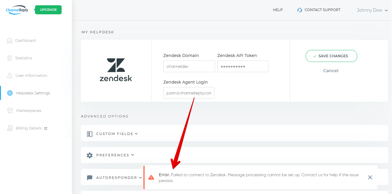 Error message in Helpdesk Settings