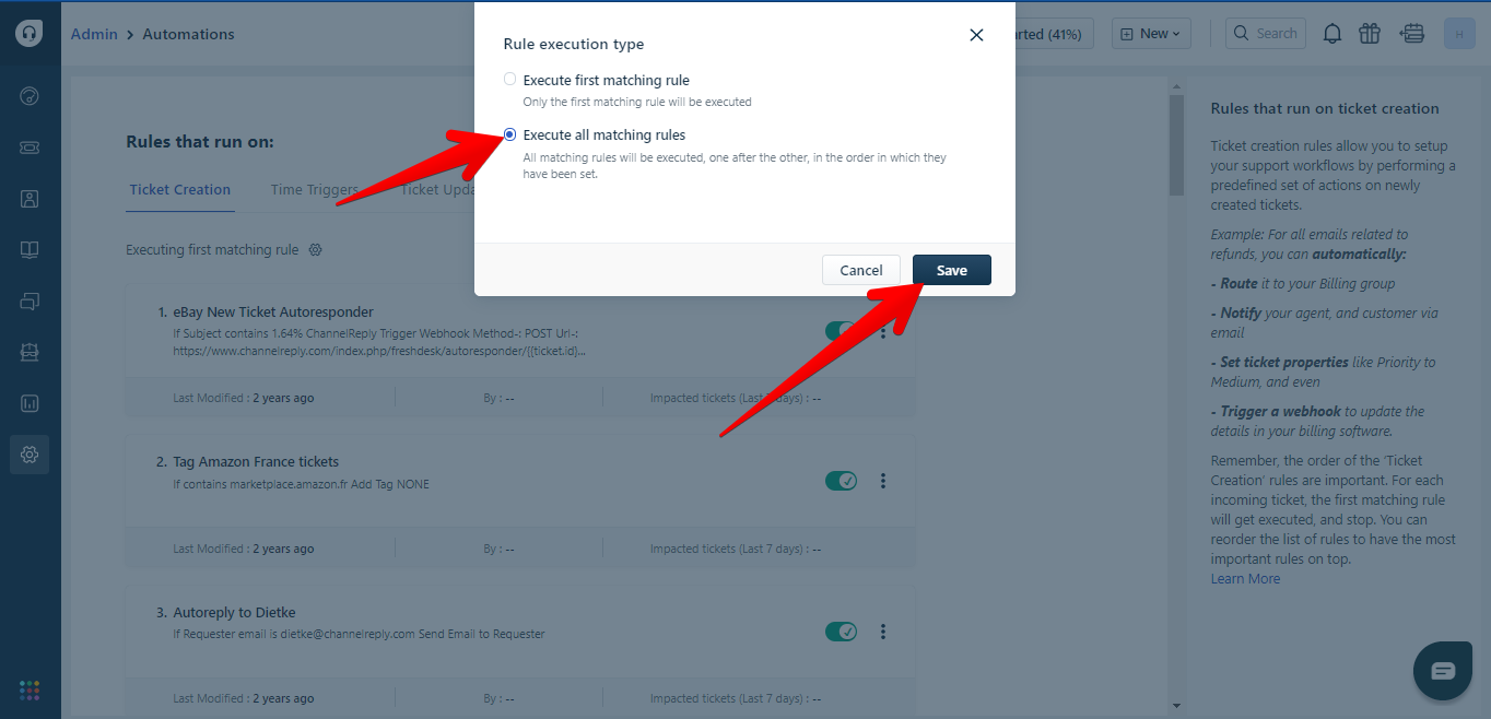 Execute all matching rules button in Freshdesk automations 