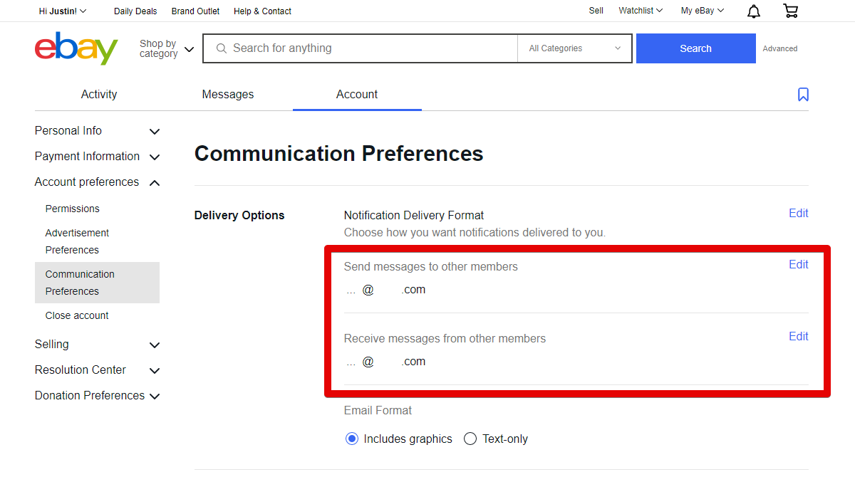 Send Messages to Other Members and Receive Messages from Other Members Settings on eBay