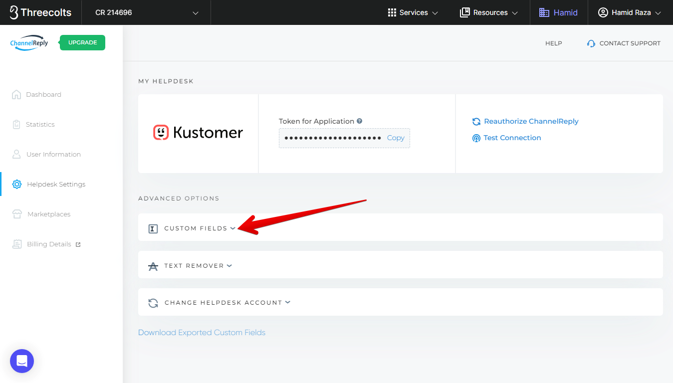 Custom Fields menu in Helpdesk Settings