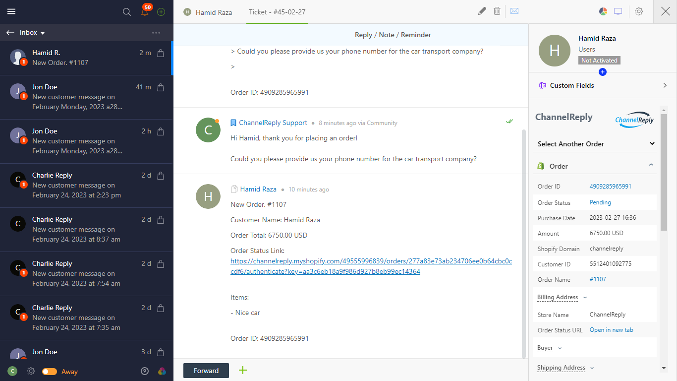 Conversation with a Shopify Customer on a New Order Notification