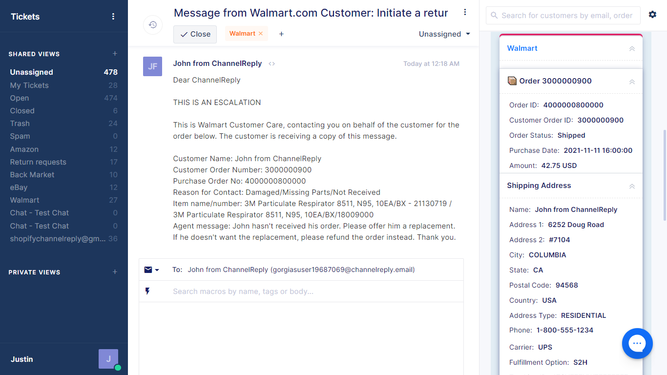Walmart Escalation with Order Data in Gorgias