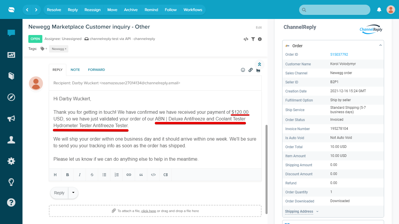 ChannelReply Data Entered in a Re:amaze Response Template
