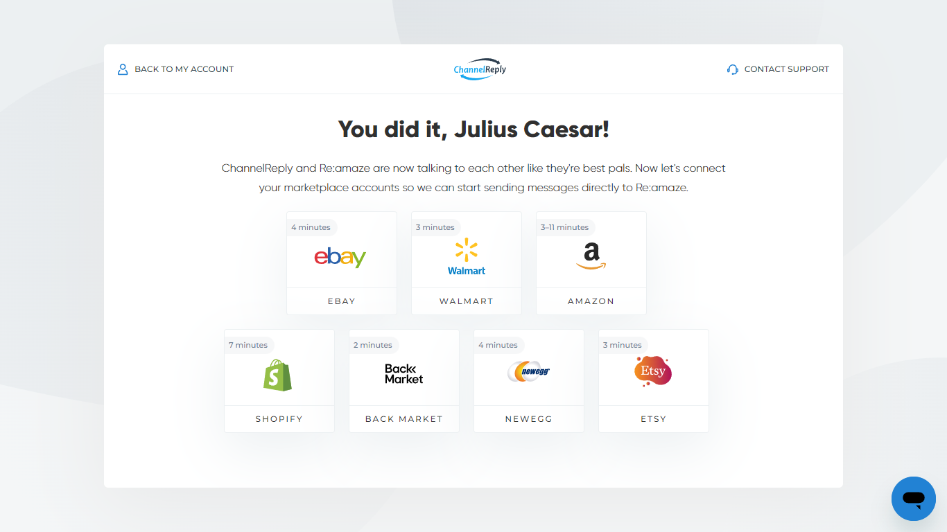 Integrate eBay, Walmart, Amazon, Shopify, Back Market, Newegg or Etsy with Re:amaze