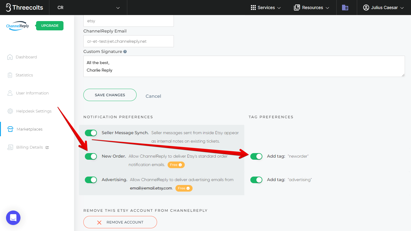 New Order and Add tag sliders under Notification Preferences