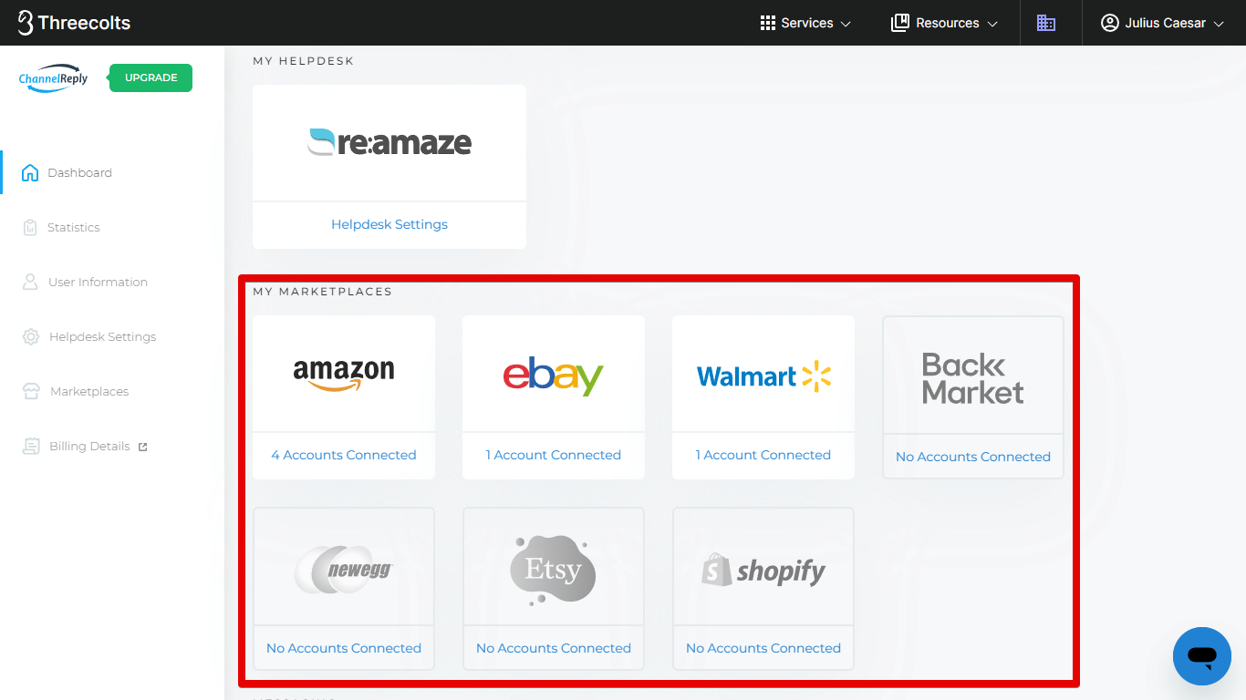 Integrate Amazon, eBay, Walmart, Back Market, Newegg, Etsy, or Shopify with Re:amaze from Your ChannelReply Dashboard