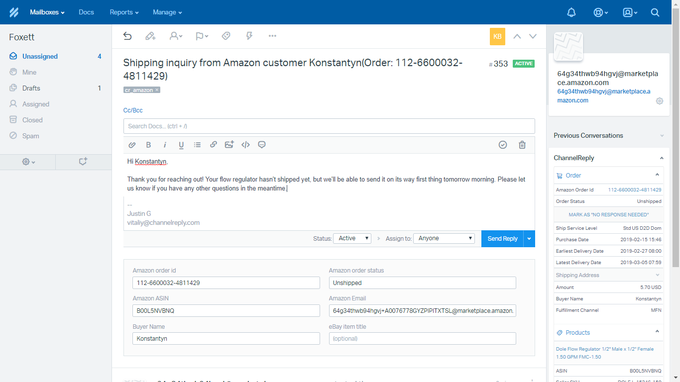 Amazon Message in Help Scout