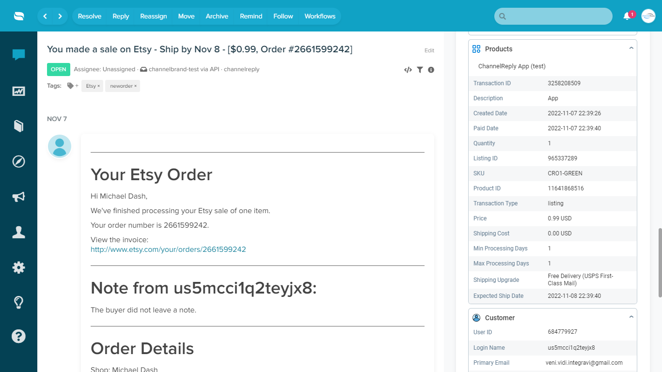 Product data from ChannelReply on an Etsy order notification in Re:amaze