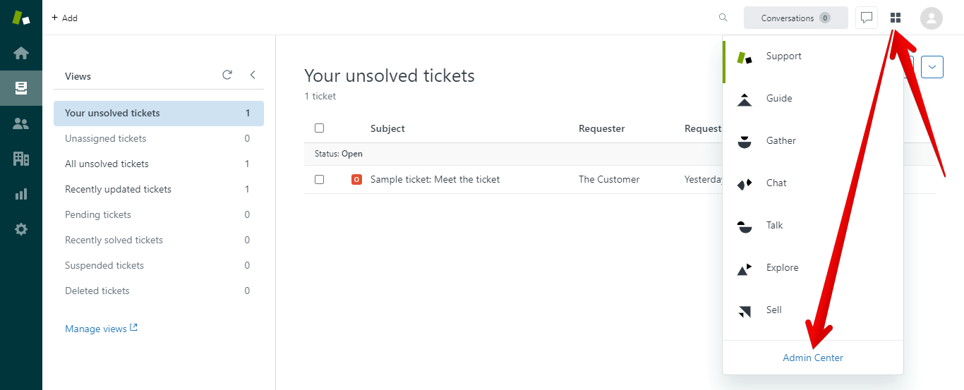 Zendesk Products menu and Admin Center button