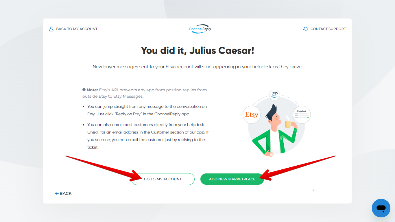 Go to My Account and Add New Marketplace buttons on the Etsy integration success screen with