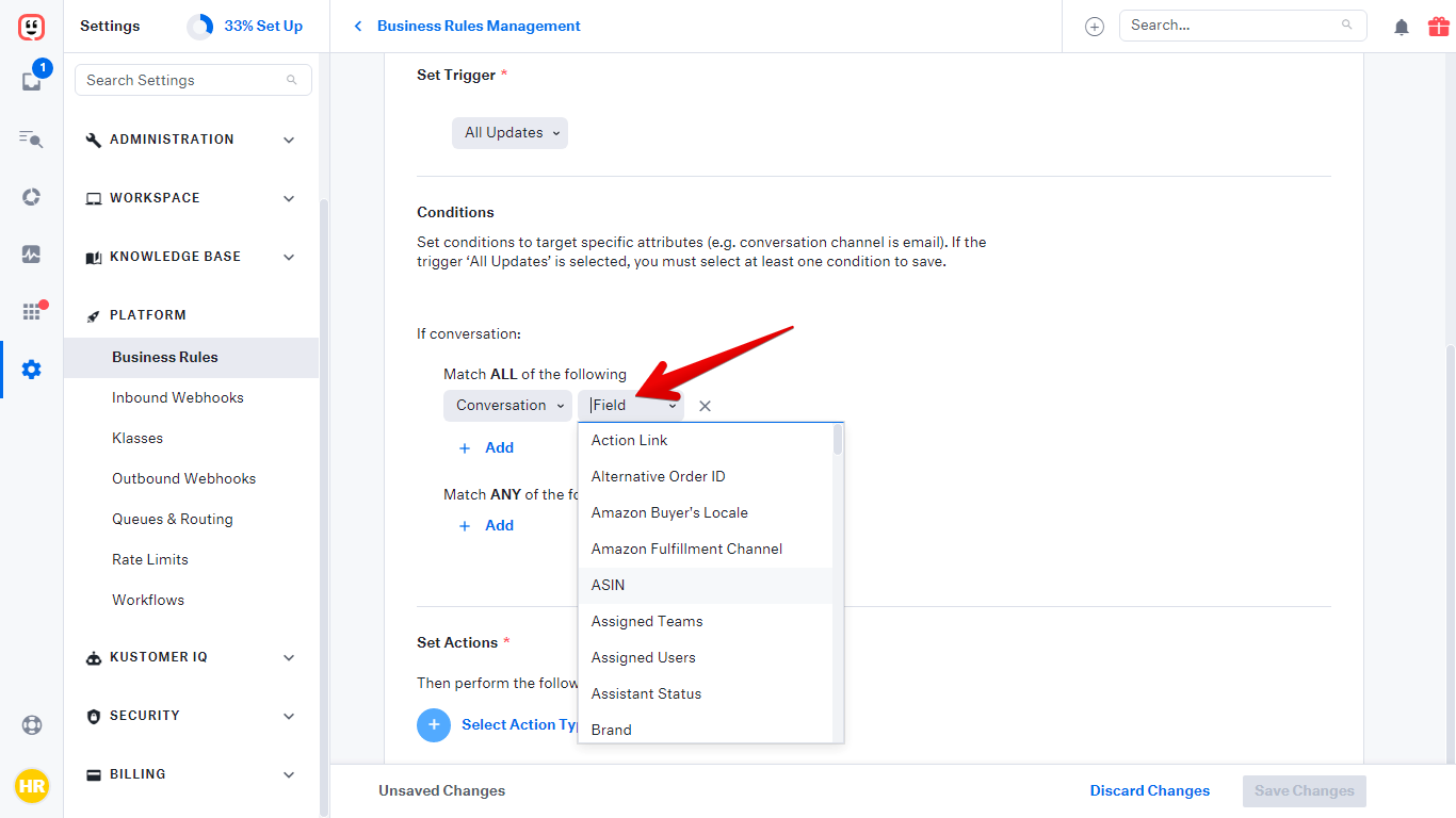Field dropdown menu