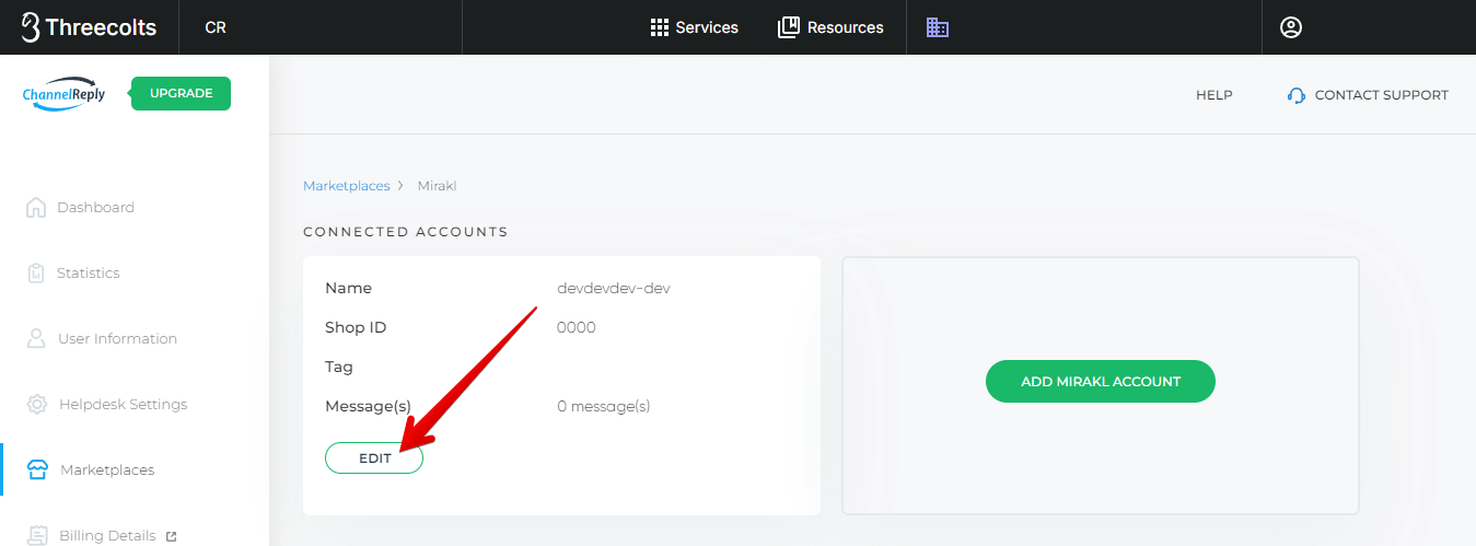 Edit button on a connected Mirakl account